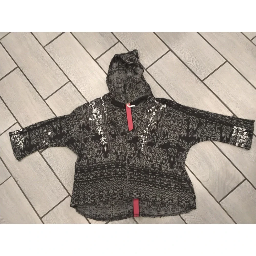 Free People Hooded Intarsia Knit Sweater Grey Black Wool Alpaca Blend Boho S